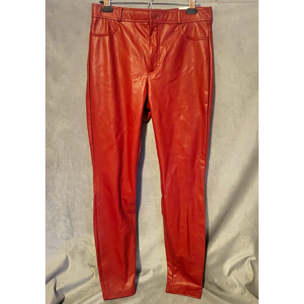 Zara Faux Leather Ankle Leggings Women L Dark Red Solid Soft Lined Regular NWT